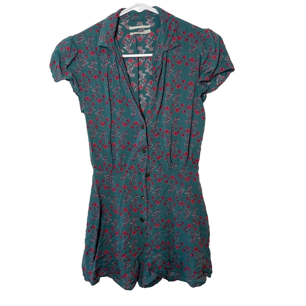 Urban Outfitters Puff Sleeve Floral Romper Womens XS Green‎ Button Up One Piece